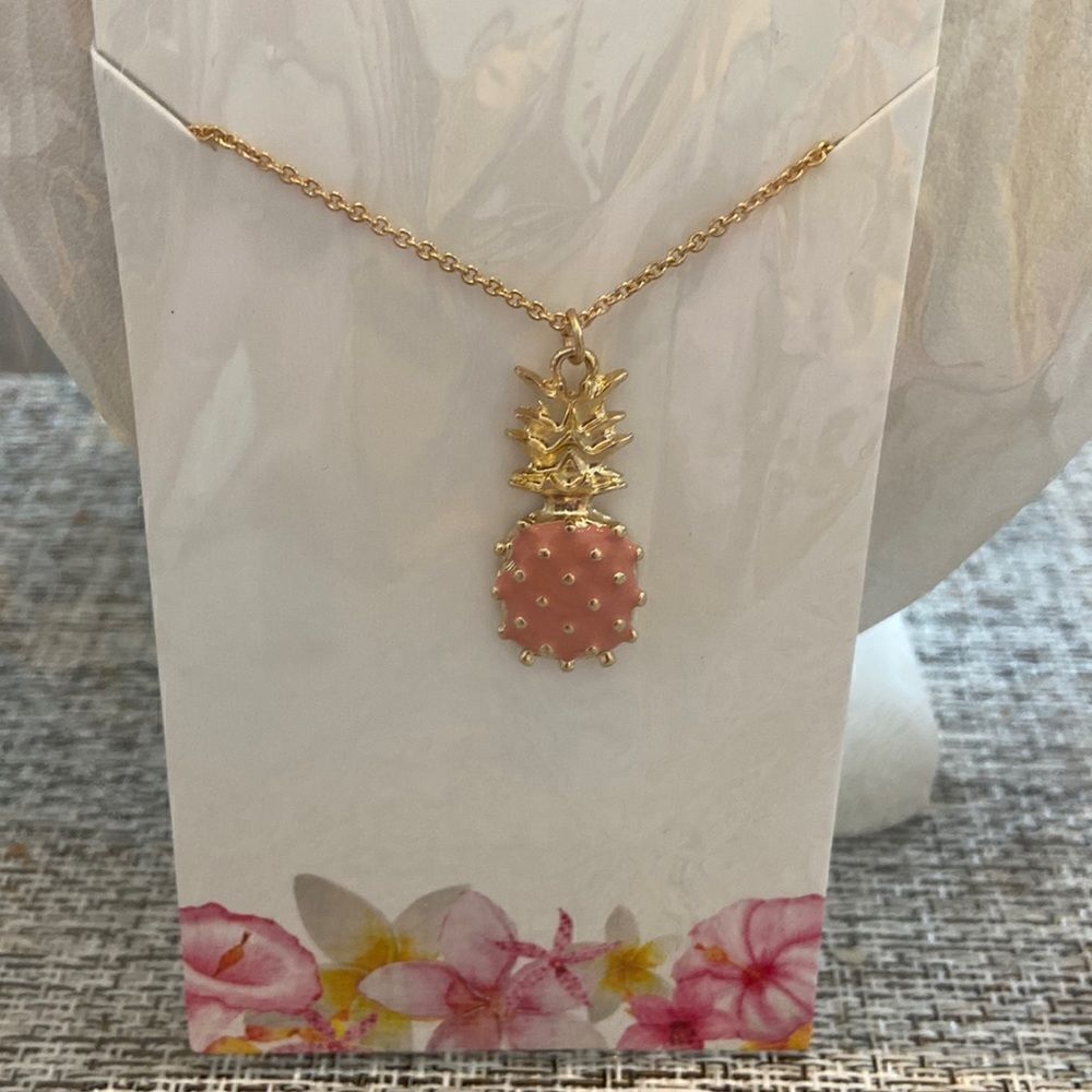 Pink Pineapple necklace gold color chain 16” with 3” extensions NWT
